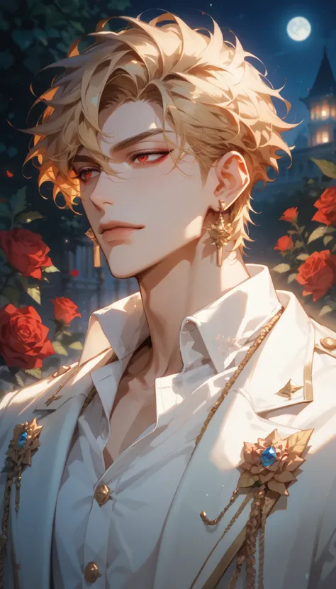 (score_9, score_8_up), score_7_up, short hair, shirt, blond hair, 1boy, jewelry, jacket, white poet shirt, male focus, earrings, red eyes, focus, royal garden at night, roses