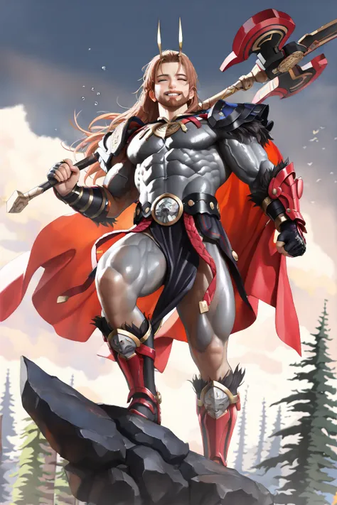 (((realistic))) ((( masterpiece,  best quality ))), ((( high resolution)))Thor the god of thunder ,  sculpted physique obvious muscles, Raise the hammer to the sky (Mjöllnir) With one hand , red cape long brown hair and brown beard, He's in front of you an...