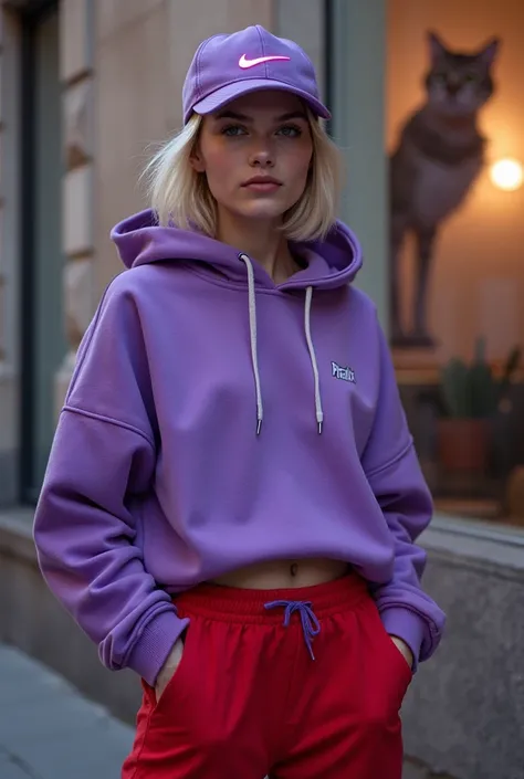 Une femme blonde aux cheveux courts, coupe, garçon très très courts, comme un garçon, blessé avec des cicatrices et et envisage pas visible portant une capuche déchirée de couleur violet de Burberry, un pantalon Nike rouge une casquette avec l'inscription ...