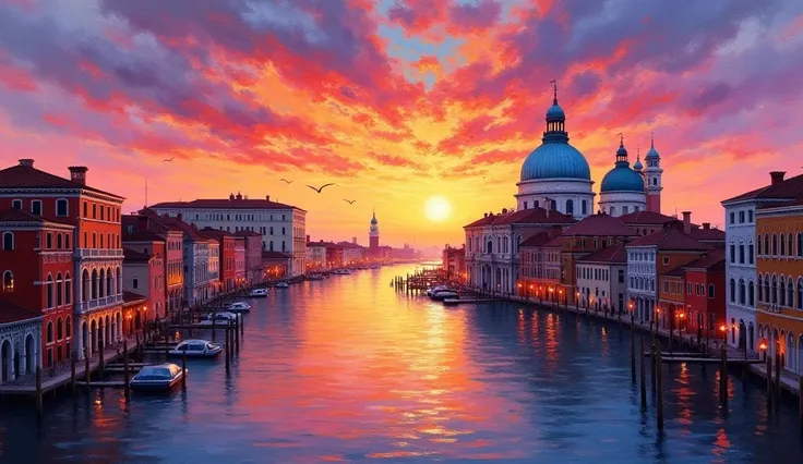 Une peinture à l'huile faisant allusion, un ciel de coucher de soleil aux tons violets et oranges, Venise Italie