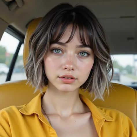 Sennaveyra, ((Ultra Photorealistic)), ((Raw Photography)), UHD, 4k, High Resolution, ((Best Quality)), ((Masterpiece)), ((Photorealistic)), 22-year-old with striking blue eyes and bob-cut wavy short hair with gray strands. sitting in a car, yellow seat, ta...