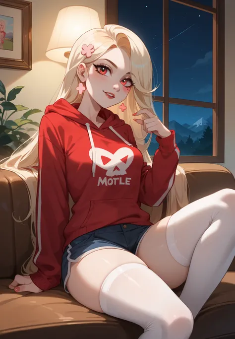 1girl, Charlie Morningstar, Hazbin Hotel, pale skin, sitting on a couch, hoodie, shorts, white stockings, sexy pose, BREAK, night time, mountain cottage, cinematic lighting,