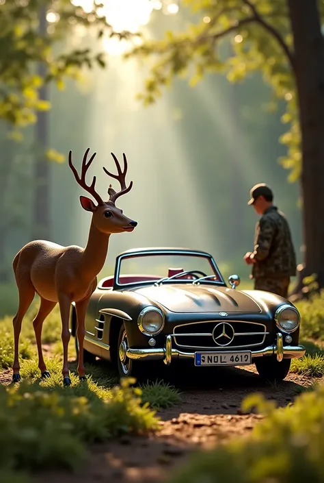 A deer in a Mercedes Benz A200 2004 vintage car sits next to it and a hunter