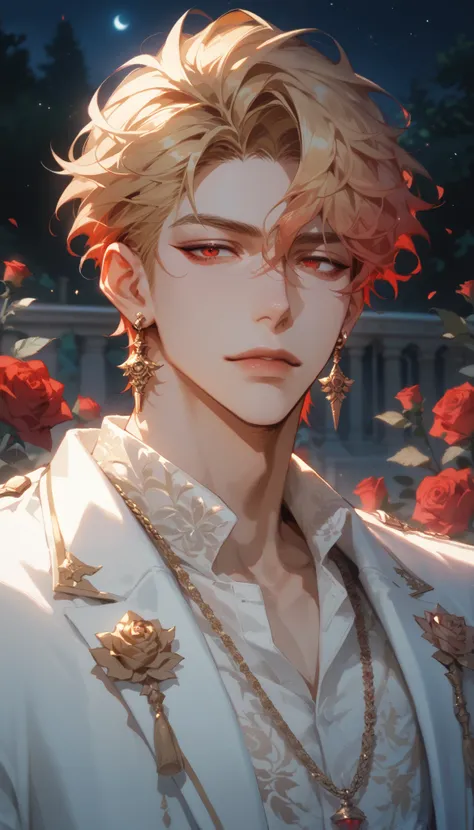 (score_9, score_8_up), score_7_up, short hair, shirt, blond hair, 1boy, jewelry, jacket, white poet shirt, male focus, earrings, red eyes, focus, royal garden at night, roses