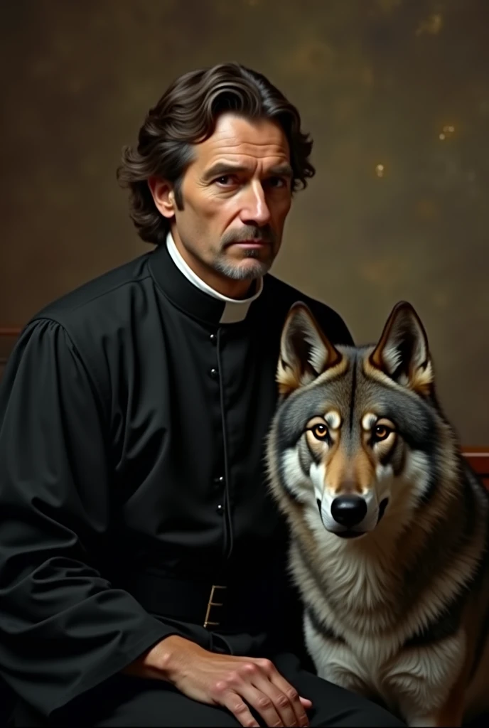 Saint John Bosco, a Catholic saint, sits serenely, wearing a black cassock and white collar. His wide, oval face has dark brown hair, gentle eyes, thin lips and traces of age around his eyes. Beside him, Grigio, a giant gray wolf with a protective gaze, co...