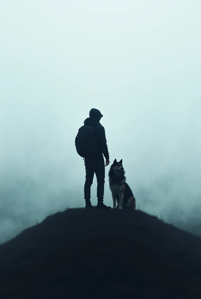 Generate an image of a man in black clothes with a hoodie wearing a backpack and his Siberian dog crouching down from the top of a hill in a lot of fog 