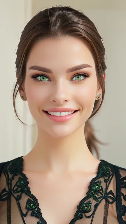 There is a beautiful woman with green eyes who is smiling and posing for a photo,,  extremely realistic photo , professional detailed photo 