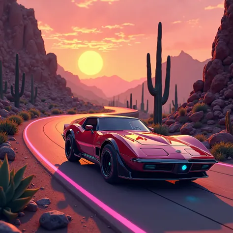 , An 80s car driving on a steep road. Make it techno style with a desert background with cacti. It will convey a country atmosphere.