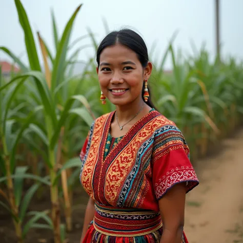 A 20-year-old female in the foreground of Veracruz, Mexico, As a traditional Mexican peasant woman from Veracruz.  The person must be dressed in traditional clothing or suitable for their work . The background shows a place with crops such as sugar cane, C...