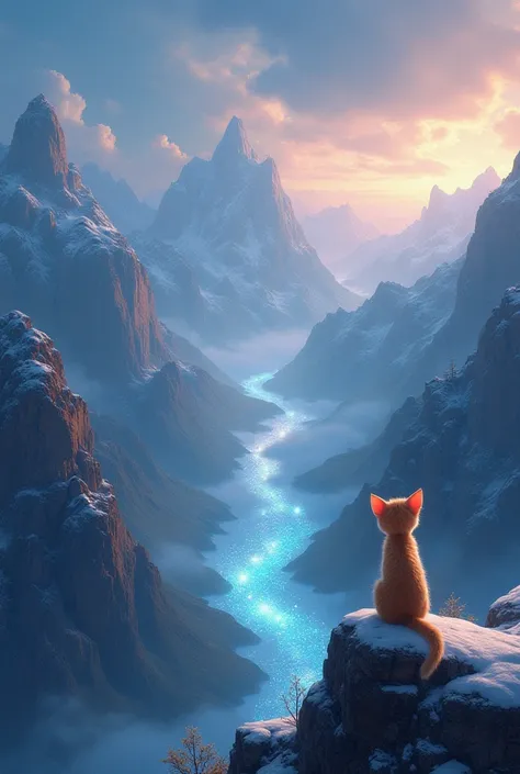 From the top of the mountain , A baby cat observes a valley illuminated by a bright river that seems to be made of stars.
