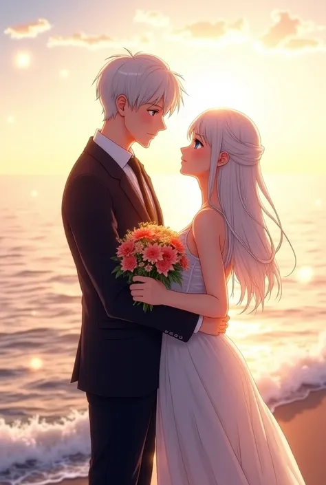 Anime pictures 2 .5 d Beautiful sharp picture, beautiful light background splashes shining white long hair, blue eyes, wearing black suit, wearing shorts, making love with each other, hugging the waist, kissing each other, men with white hair, blue eyes in...