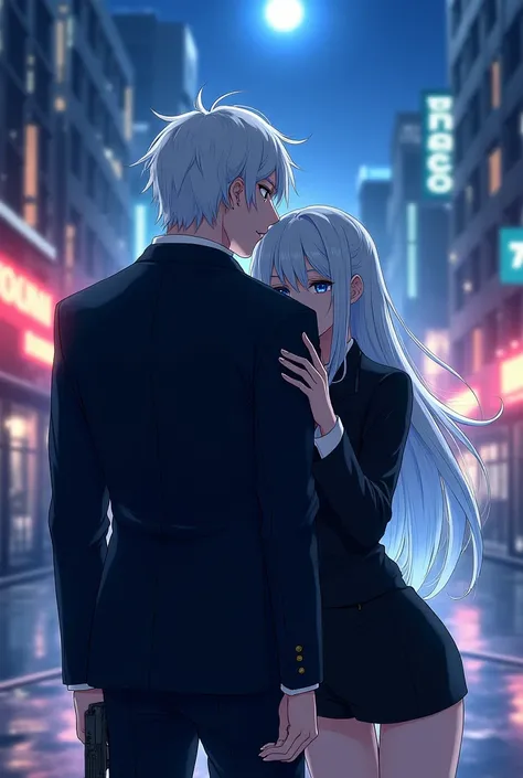 Anime pictures 2 .7 D BEAUTIFUL SHARP BACKGROUND BEAUTIFUL SPLASHES OF LIGHT SHINING WHITE LONG-HAIRED WOMEN WITH CUTE BEAUTIFUL HAIR CLIPPED ON HAIRPINS ON BLUE EYES WEARING A BLACK SUIT WEARING SHORTS, LEANING ON ONE ARM, HUGGING A MAN'S NECK, WHITE HAIR...