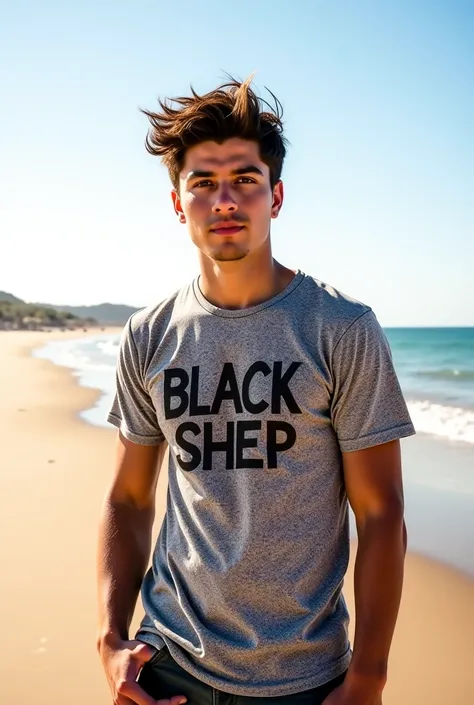 Gaspar Venega wearing a Batick t-shirt that says black shep on the beach in Parana Entre Rios Argentina 