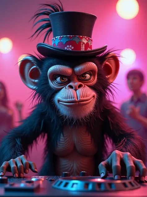 DJ animal monkey with frizzy hair wearing top hat with a furious expression vector more animated 