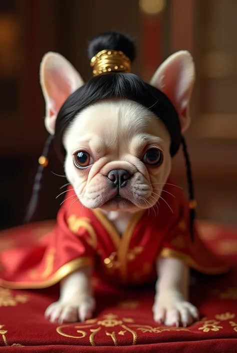 a cinematic photo of a  cream French bulldog puppy,, dressed up as Disney's Princess Mulan, complete with a intricately designed traditional Chinese hanfu-inspired costume, , and a miniature wig with long, dark hair, styled in loose bun adorned with golden...