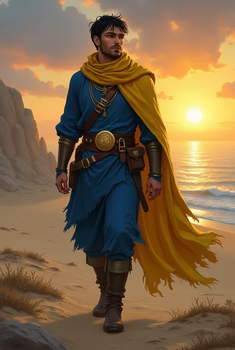 ((Pathfinder rpg full length portrait,male aasimar,caucasian male,short stubble,black hair:1,4)),in barren land,by the sea,evening sunset, nomadic clothes,blue and yellow clothing pallet,Sarenrae symbol on belt,light armor