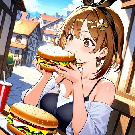 Ryza, eating a cheeseburger, town in background, masterpiece, best quality, High resolution 