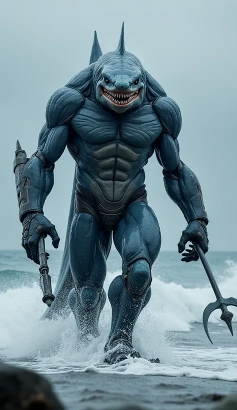 "A towering humanoid shark with sleek, gray-blue skin and a muscular build, exuding both power and agility. Its dorsal fin rises from its back, and sharp gills line its neck. Its piercing black eyes glimmer with focus, while its jagged teeth flash in a sub...