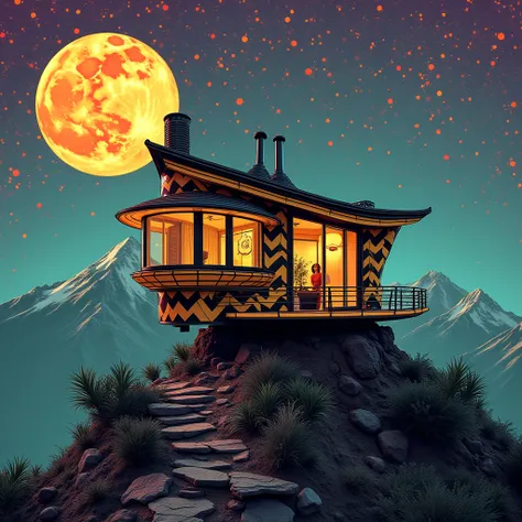 A cinematic view of a sleek, bokeh-effect of vintage small villa with black and gold chevron patterns perched on a stylized mountain peak. The background explodes in Roy Lichtenstein-inspired ben-day dots of plum and teal. A miniature moon, detailed like a...