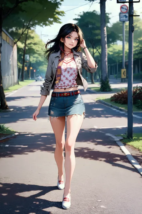 pretty young woman, crossing a road, tropical park, BREAK, (forehead, dark-brown hair, half updo), BREAK,  denim pencil mini skirt with belt, white flatshoes, multicolored scarf, BREAK, (1girl, solo, full body), (best quality,4k,8k,highres,masterpiece:1.2)...