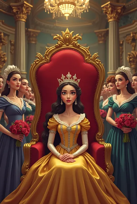 “In a grand hall of the palace filled with luxurious decorations, a young queen sat on a magnificent chair upholstered in red velvet, wearing a golden blue satin dress and a crown decorated with diamonds. Around him were many members of the royal family. a...