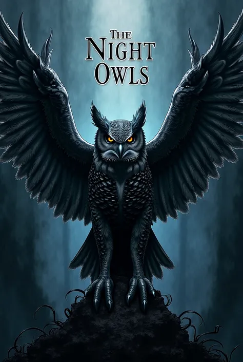 Create an ,  drawing-shaped image containing an owl in the center with its wings open, dark background and with the name The Night Owls