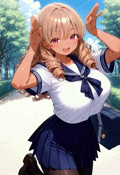 Outdoors、 pose 、 girl { light brown hair、 semi-long、Curly hair、 voluminous hair、 big breasts、Sunburn、Dark Skin、A smile that is planning something、 sailor suit、Summer clothes、short navy blue skirt、 black pantyhose、 loafers 、}、
