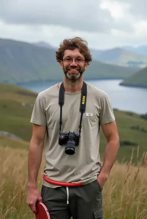  From the first photo, ajouter une raquette de tennis de table dans sa main droite et un cerceau de hula hoop autour de la taille. L'homme mesure, Height 1m74, pesant environ 68 kg.  his hair is brown .  In the background you can see the lakes of Connemara...