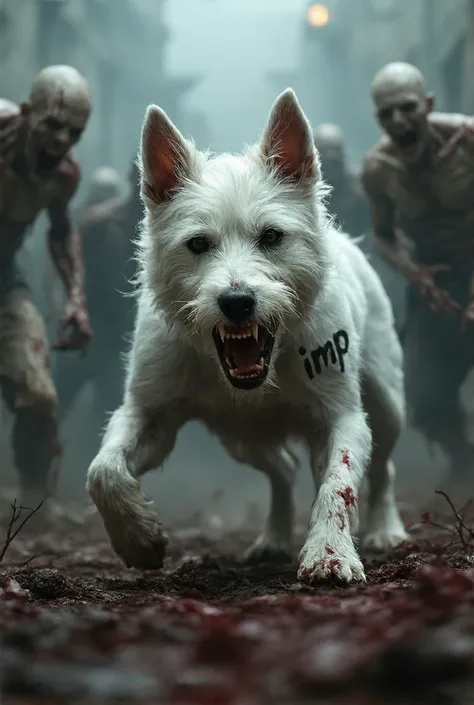 An aggressive West Highland White Terrier with black spots in an attacking pose.  On his flank are the letters  "imp" Shaved .  Around him a horde of zombies . 