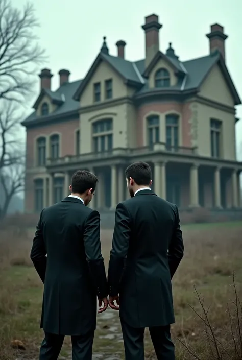 Two men in front of a large, abandoned house, wear tuxedo and look back. 