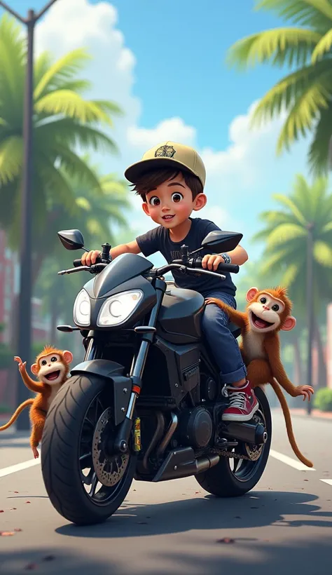 A boy sitting on bullet bike and monkey around him a boy wearing cap black road and around him school