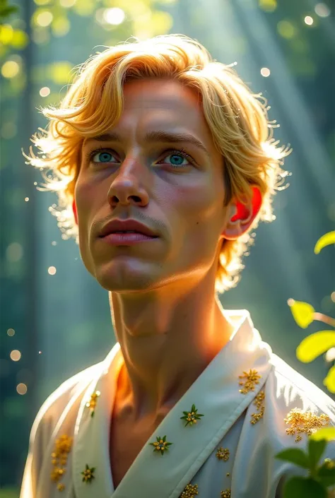 A close-up portrait of a radiant man, a spirit of light and nature, standing amidst a sunlit forest. His skin glows with a soft, warm radiance, as if kissed by sunlight, contrasting with the lush greens and blues around him. His features are strong but ser...