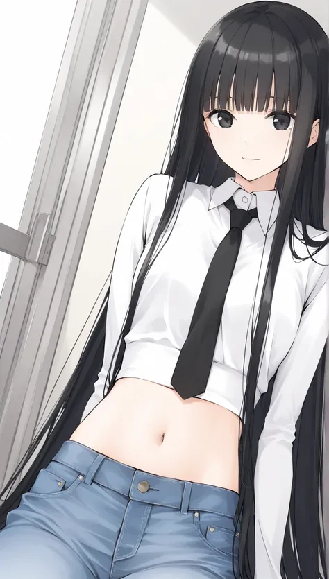 very long straight hair with blunt bangs, black eyes, light smile, long sleeved cropped white shirts with black necktie, exposed midriff, navel, blue jeans, in the office