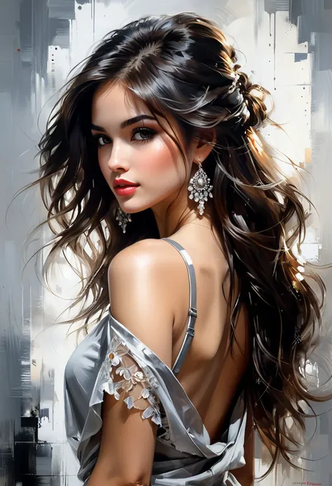 Photo art inspired by Michael Garmash, Lilia Alvarado, Russ Mills art, Vicente Romero, Pino Daeni art, glamour magazine shot, gorgeous  year old, view from the back, long silky dark hair,  perfect body, perfect face, makeup, alluring, flirtatious, symmetri...