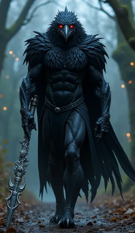 "A humanoid crow with sleek, jet-black feathers covering its body, blending seamlessly into a muscular, humanoid form. Its glowing, piercing red eyes radiate intelligence and mystique, while a sharp, curved beak adds a menacing edge. Its feathered arms ext...