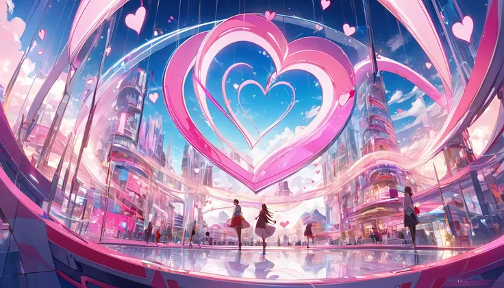 The image presents a vibrant and romantic composition with the following elements: Background - The scene is illuminated by a clear blue sky, filled with soft clouds and some translucent hearts scattered around, creating a cheerful and romantic atmosphere....