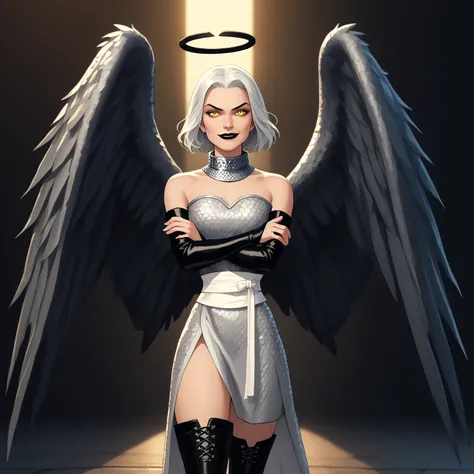 lute, wings, black halo, black lips, yellow eyes, grey dress, chainmail collar, elbow gloves, white sash, thigh boots, looking at viewer, arms crossed, smirk, depth of field, zoom out, sidelighting, rim lighting, screencap BREAK PonyXLV6_Scores , 