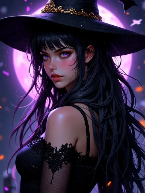 young witch,  High resolution,  masterpiece,  best quality,  High quality cutlery,  black hair,  very long hair ,  Bright Purple Eyes , wet hair,  side fringe, purple eyes, makeup, Serious, dark background with dusk moon,  shiny black dress ,  semi realist...