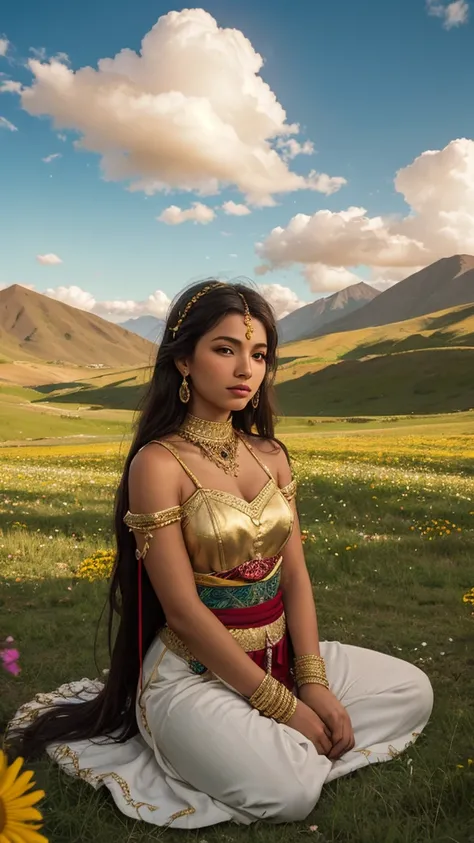 "A majestic Andean goddess , with tanned skin and long hair decorated with wild flowers.  She sits atop an Andean mountain ,  surrounded by green fields and alpacas grazing in the background . Your arms are open,  as if blessing the earth . Around you,  co...