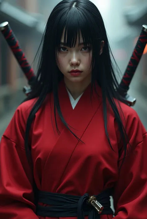  a Japanese woman ,  long straight hair and black , The pale skin,  red ninja clothes that cover her entire body, Minus the head . She also has swords ,  She has no fringe . She has a serious face 