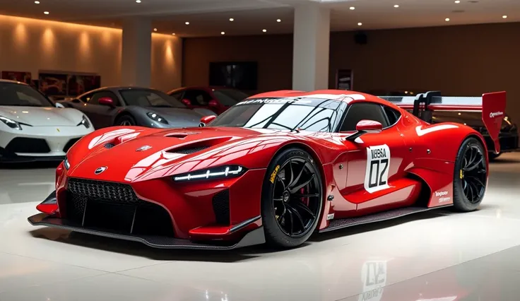 A futuristic 2025 Turbo Viper racing car frant said image  in red and white color, featuring sleek aerodynamic design, a prominent rear spoiler, and a visible number plate. The car is displayed in a luxurious, modern showroom with polished floors and styli...