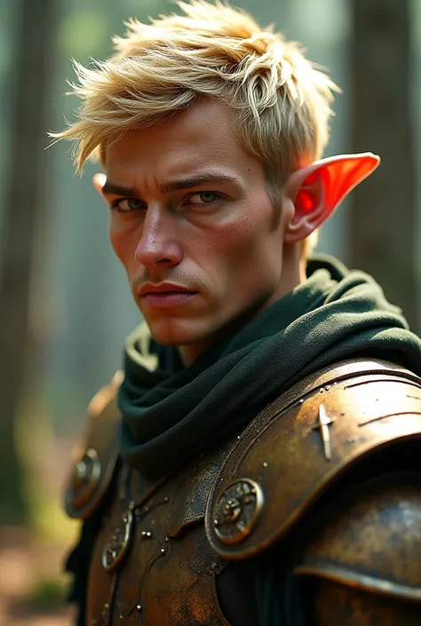 Close-up, 30 year old man, pointed elf ears, blond hair, antique bronze armor, combat pose, dynamic pose, complex fantasy character, cinematic lighting, fantasy, magic, detailed background, on a forest battlefield, best quality, HDR, 8k, photorealistic, RA...