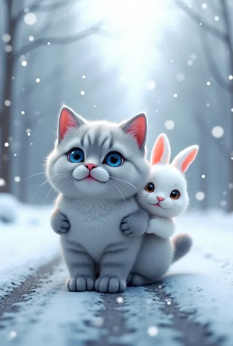  An cat (silver fluffy hairs blue eyes) Picking an rabbit (white fluffy hair and big eyes) on his back from a frozen road and snowfalling everywhere 