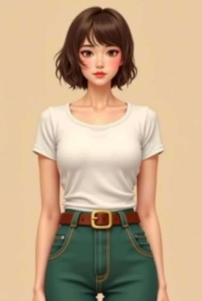  Creates a very detailed realistic image of a 20-year-old girl ,  with short hair up to the brown neck ,  brown eyes, round face, curved pear body ,  medium breasts ,  dressed in a white t-shirt up to her back and a wide green Jean with a brown belt with a...