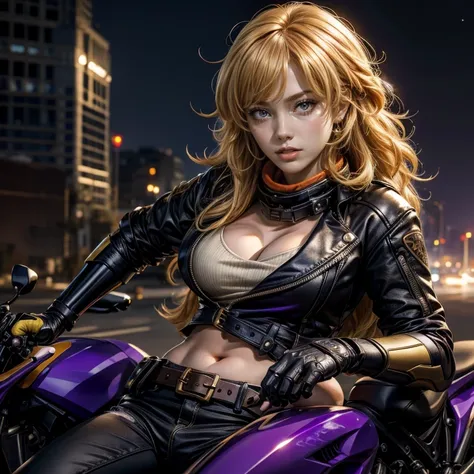 nighttime, stars, yangxiaolong, yang xiao long, long hair, blonde hair, (purple eyes:1.3), ahoge, bangs, BREAK cleavage, jacket, black pants, belt, mechanical arms, single mechanical arm, prosthesis, prosthetic arm, smile, BREAK outdoors, post apocalyptic ...