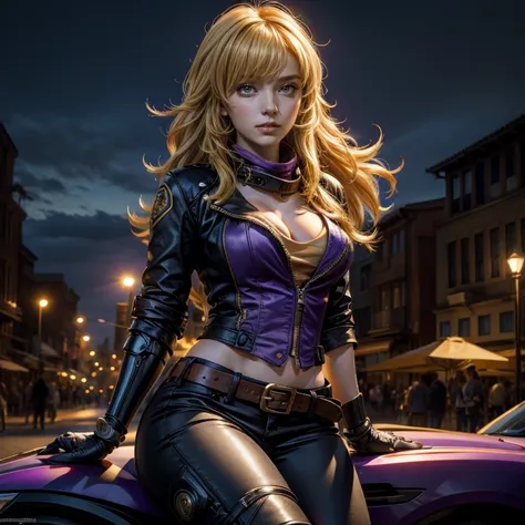 nighttime, stars, yangxiaolong, yang xiao long, long hair, blonde hair, (purple eyes:1.3), ahoge, bangs, BREAK cleavage, jacket, black pants, belt, mechanical arms, single mechanical arm, prosthesis, prosthetic arm, smile, BREAK outdoors, post apocalyptic ...