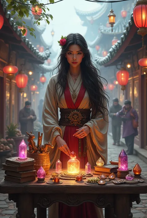 fantasy merchant, asian woman, brunette, selling fantasy items, in asian fantasy village square