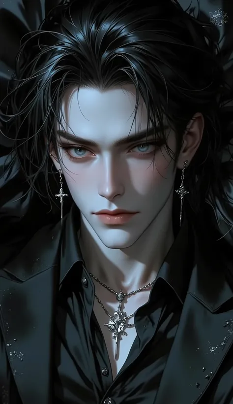 ( masterpiece:1.3, perfect details :1.4, high quality, 8k wallpaper, good complete anatomy:1.9, Perfect face:1.4), (1 man, A handsome man with pale skin ), (Dirty and disheveled moths-black, daring long hair , glowing bright gray eyes , mystical and ...
