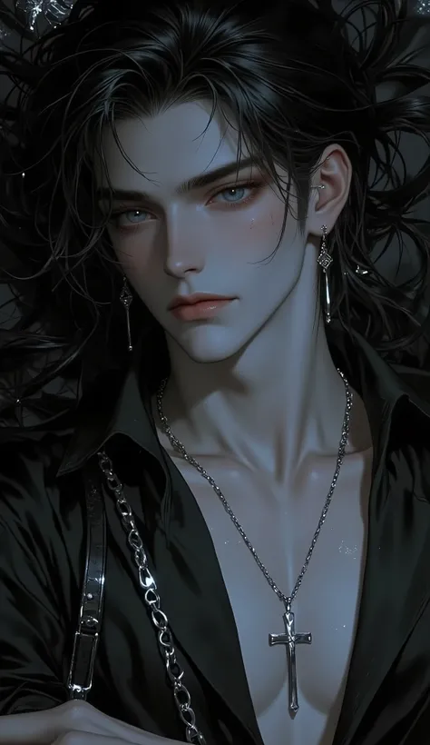 ( masterpiece:1.3, perfect details :1.4, high quality, 8k wallpaper, good complete anatomy:1.9, Perfect face:1.4), (1 man, A handsome man with pale skin ), (Dirty and disheveled moths-black, daring long hair , glowing bright gray eyes , mystical and ...
