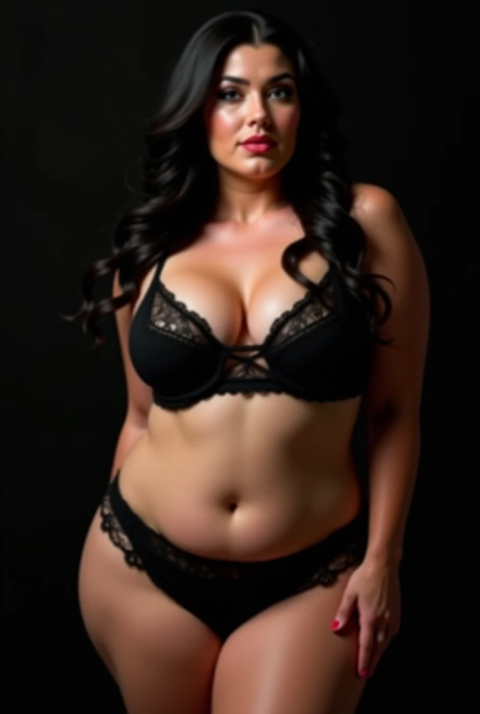 Chubby black-haired white woman with black lingerie